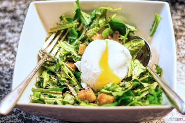 Salade de pissenlits avec un oeuf dans une assiette